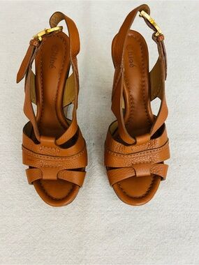 Chloé Renna Cognac Leather Slingback Cork Wedge Sandals